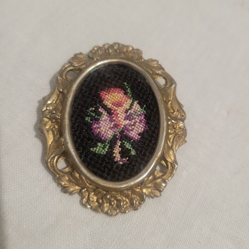 Vintage Petit Point Needlepoint Embroidered Floral Brooch Pin Flowers Black Gold